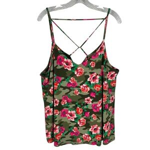 Venus Women's Green Camo Floral Top 1X  Criss Cross Strap Detail